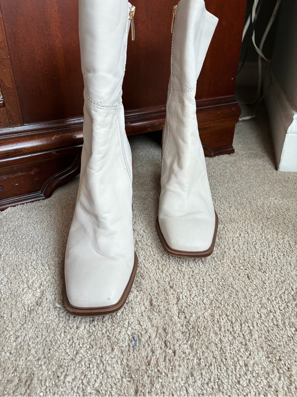 Franco Sarto Cream Square-Toe Mid-Calf Heeled Boots